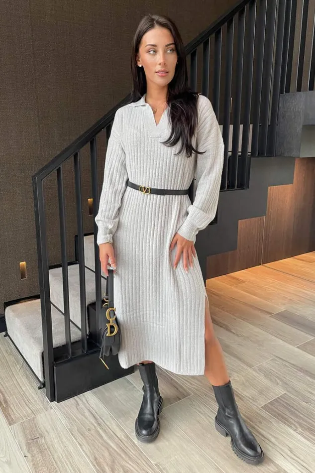 AX Paris Grey Knit Long Sleeve Collared Midi Dress Women Knitwear