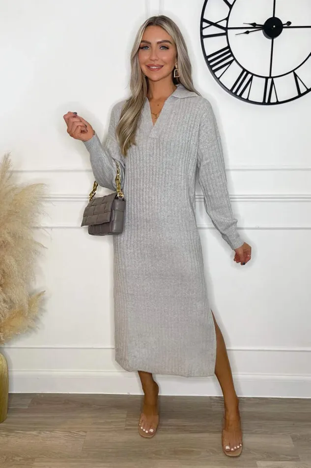 AX Paris Grey Knit Long Sleeve Collared Midi Dress Women Knitwear