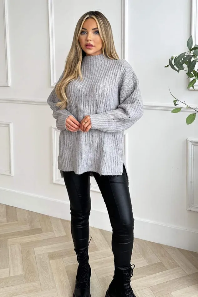 AX Paris Grey Mock Neck Oversized Knit Jumper Women Knitwear