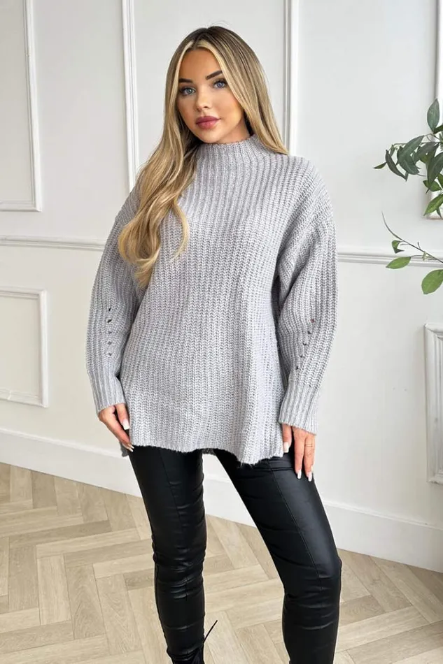 AX Paris Grey Mock Neck Oversized Knit Jumper Women Tops