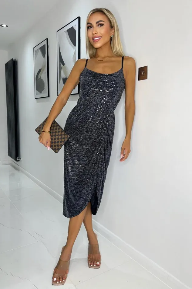 AX Paris Gunmetal Metallic Sparkle And Sequin Strappy Midi Dress Women Dresses