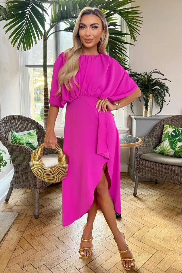 AX Paris Hot Pink Batwing Top Wrap Skirt Midi Dress Women Dresses
