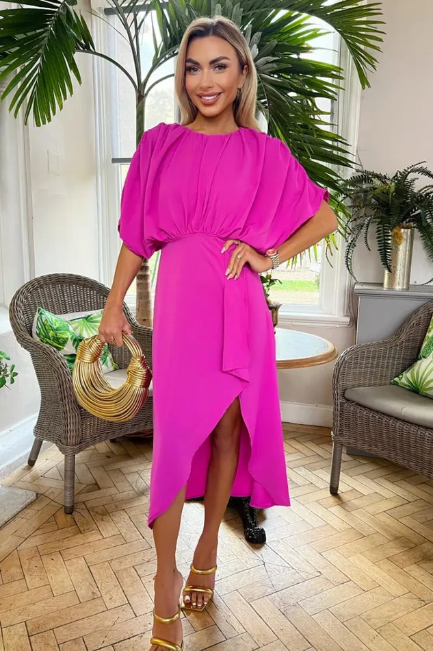AX Paris Hot Pink Batwing Top Wrap Skirt Midi Dress Women Dresses