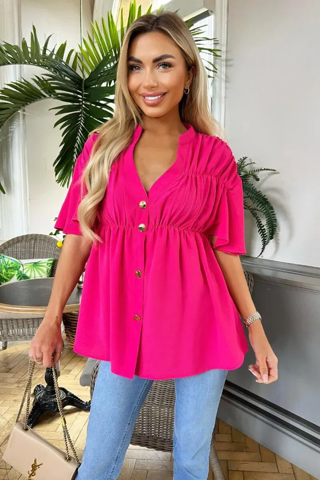 AX Paris Hot Pink Button Up Ruched Detail Smock VNeck Top Women Tops