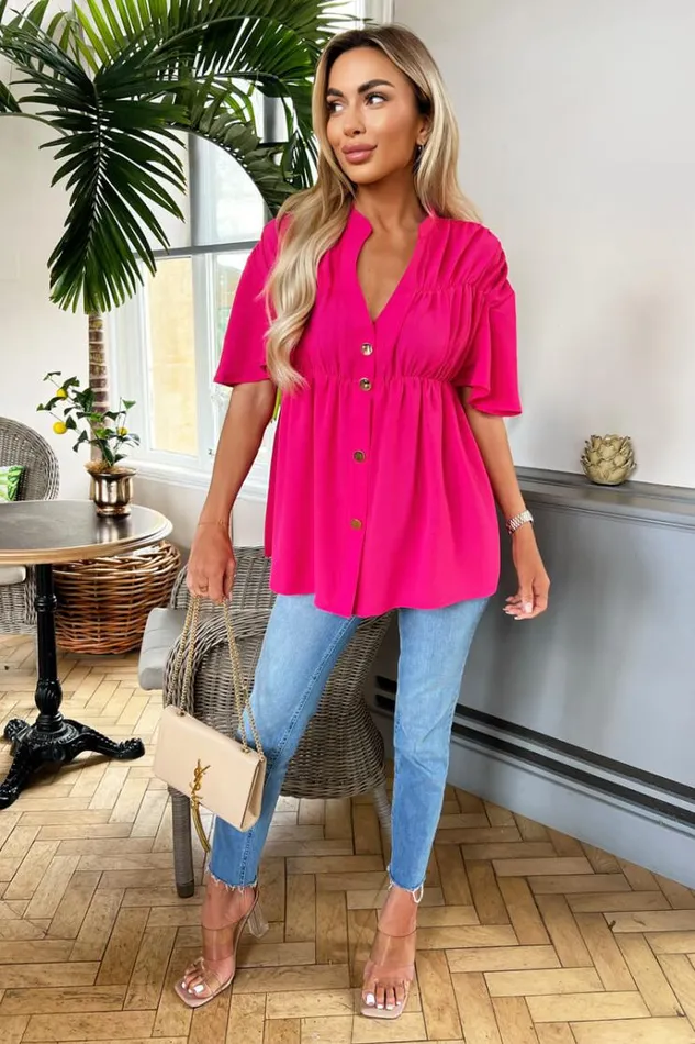 AX Paris Hot Pink Button Up Ruched Detail Smock VNeck Top Women Tops