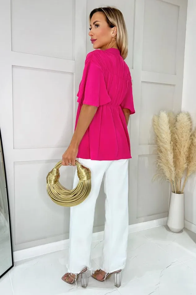 AX Paris Hot Pink Button Up Ruched Detail Smock VNeck Top Women Tops