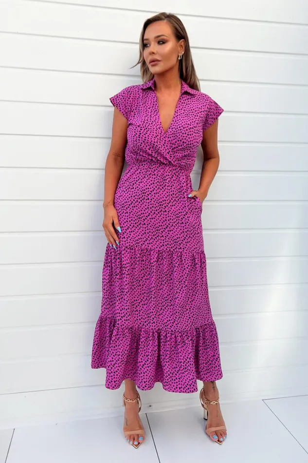 AX Paris Hot Pink Heart Print Collared Smock Midi Dress Women Dresses