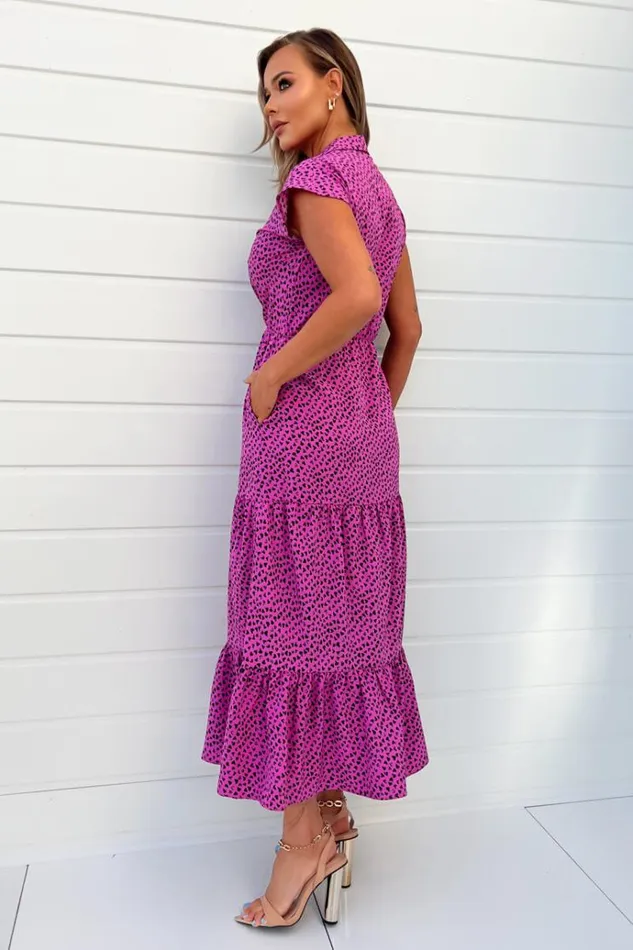 AX Paris Hot Pink Heart Print Collared Smock Midi Dress Women Dresses