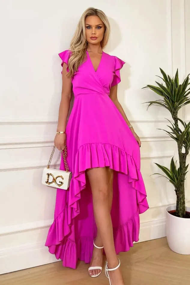 AX Paris Hot Pink High Low Frill Hem V Neck Midi Dress Women Dresses