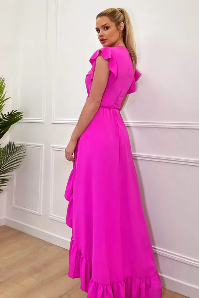 AX Paris Hot Pink High Low Frill Hem V Neck Midi Dress Women Dresses