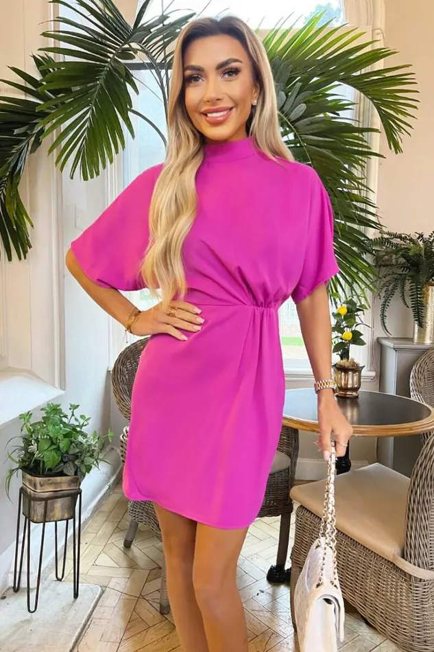 AX Paris Hot Pink High Neck Gathered Waist Detail Shift Dress Women Dresses