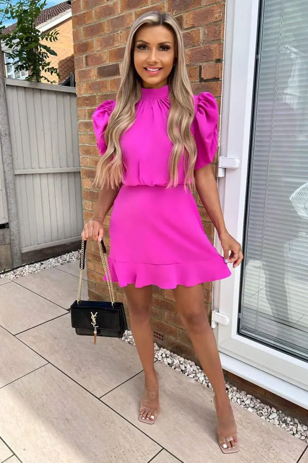 AX Paris Hot Pink High Neck Puff Sleeve Skater Dress Women Dresses