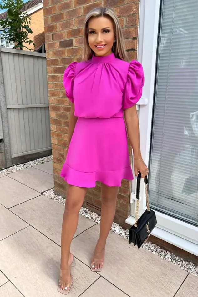AX Paris Hot Pink High Neck Puff Sleeve Skater Dress Women Dresses
