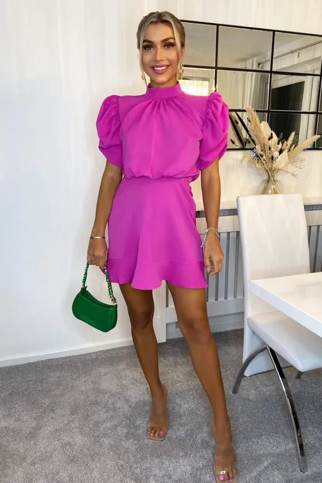 AX Paris Hot Pink High Neck Puff Sleeve Skater Dress Women Dresses