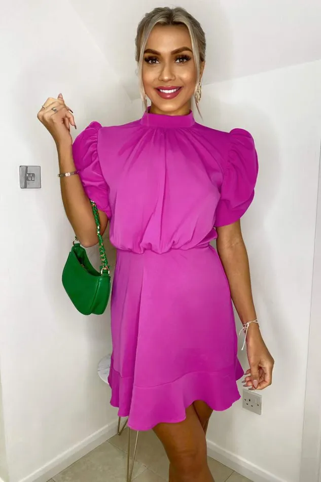 AX Paris Hot Pink High Neck Puff Sleeve Skater Dress Women Dresses