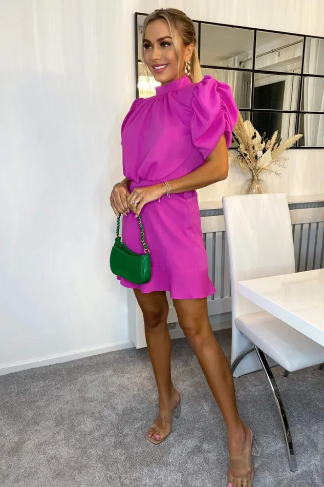 AX Paris Hot Pink High Neck Puff Sleeve Skater Dress Women Dresses