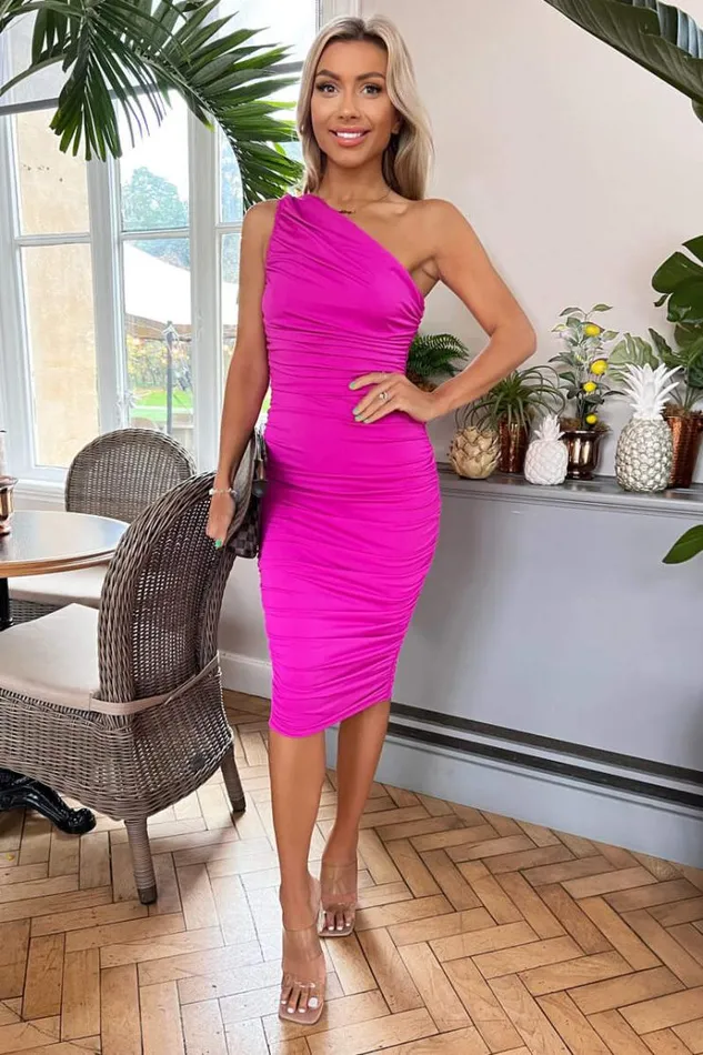 AX Paris Hot Pink One Shoulder Ruched Midi Dress Women Dresses