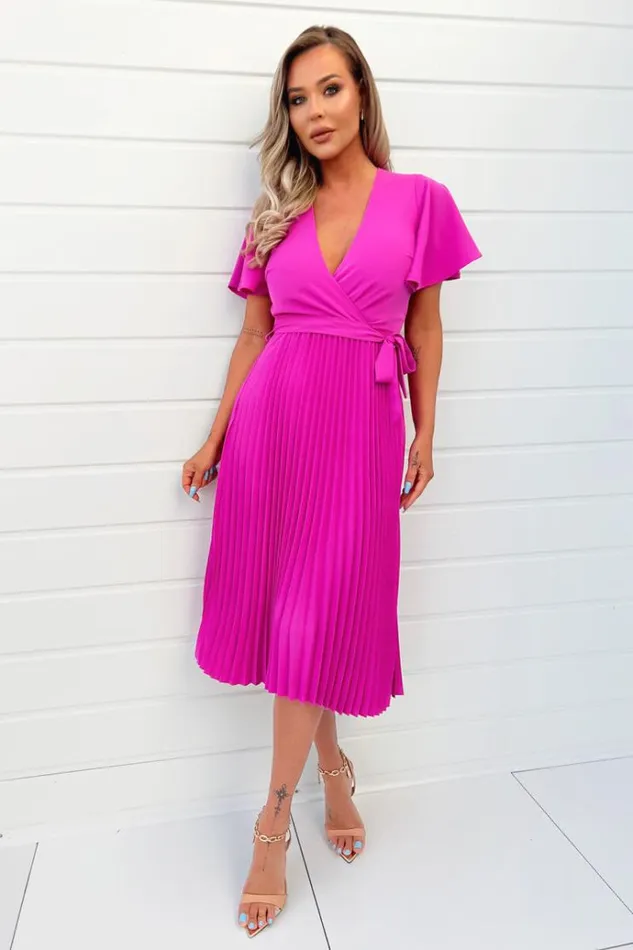 AX Paris Hot Pink Pleated Midi Dress With Tie Waist Women Dresses