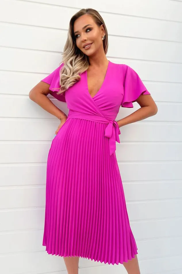 AX Paris Hot Pink Pleated Midi Dress With Tie Waist Women Dresses