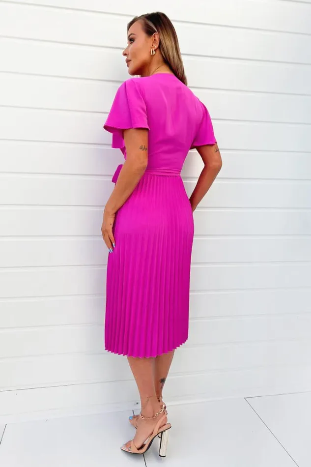 AX Paris Hot Pink Pleated Midi Dress With Tie Waist Women Dresses