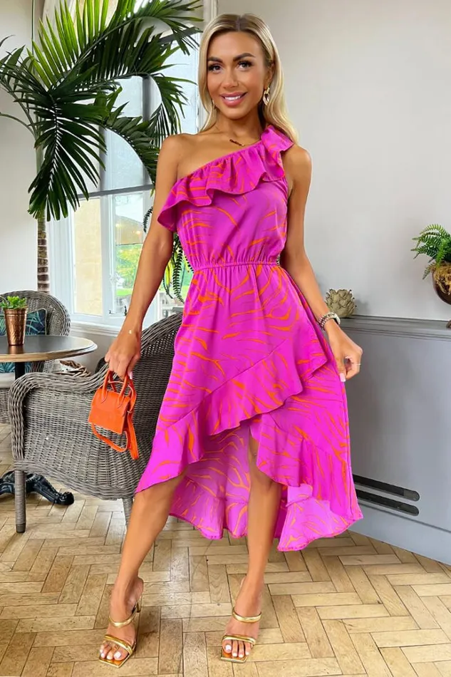 AX Paris Hot Pink Printed One Shoulder Frill Detail Dipped Hem Dress Women Dresses AX Paris Hot Pink Printed One Shoulder Frill Detail Dipped Hem Dress Women Dresses