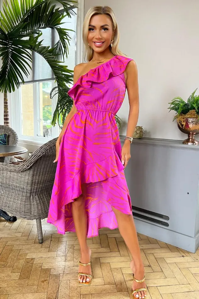 AX Paris Hot Pink Printed One Shoulder Frill Detail Dipped Hem Dress Women Dresses