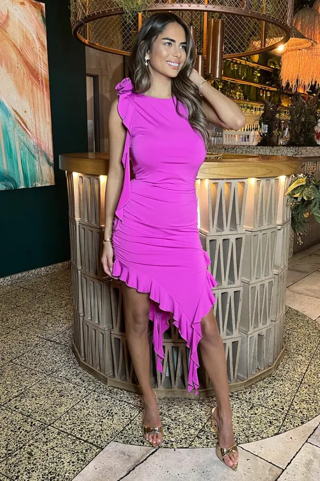 AX Paris Hot Pink Ruched Asymmetrical Frill Midi Dress With Flower Detail Women Dresses AX Paris Hot Pink Ruched Asymmetrical Frill Midi Dress With Flower Detail Women Dresses