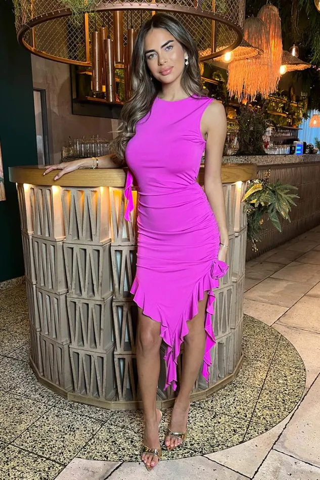 AX Paris Hot Pink Ruched Asymmetrical Frill Midi Dress With Flower Detail Women Dresses