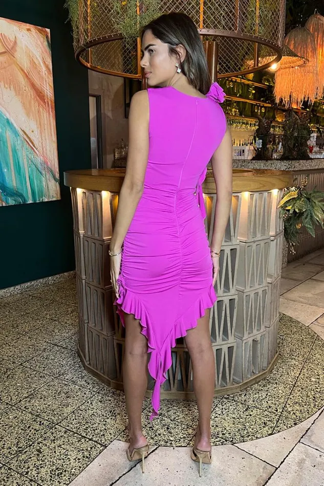 AX Paris Hot Pink Ruched Asymmetrical Frill Midi Dress With Flower Detail Women Dresses
