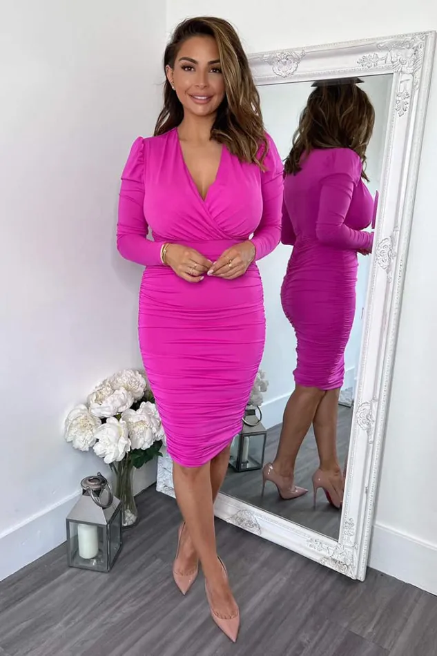 AX Paris Hot Pink Ruched Long Sleeve Cross Front Midi Dress Women Dresses