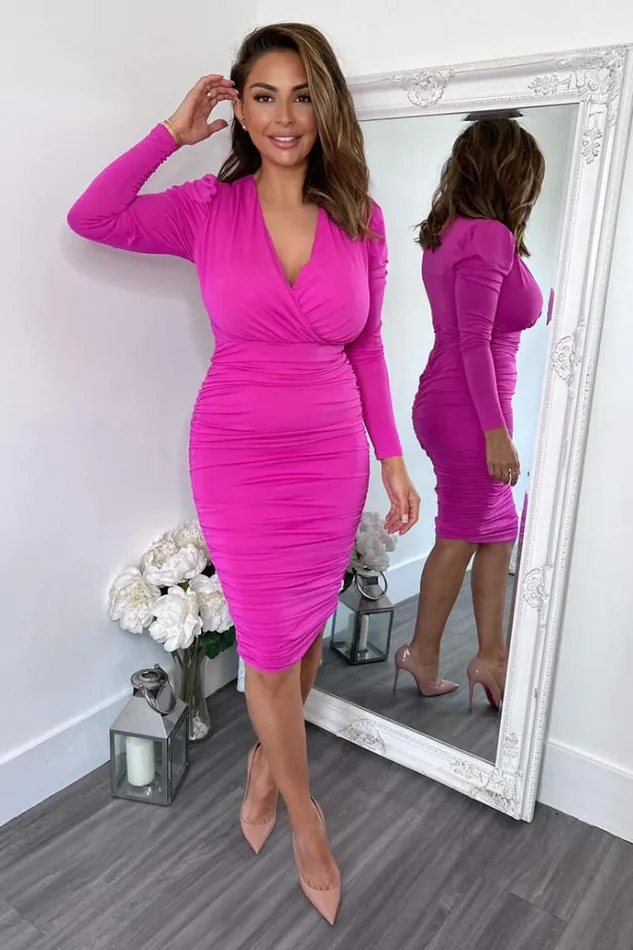 AX Paris Hot Pink Ruched Long Sleeve Cross Front Midi Dress Women Dresses
