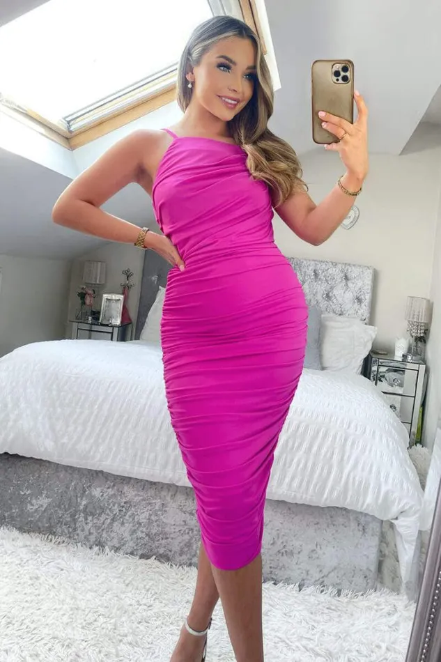 AX Paris Hot Pink Ruched Pleated Top Midi Dress Women Dresses