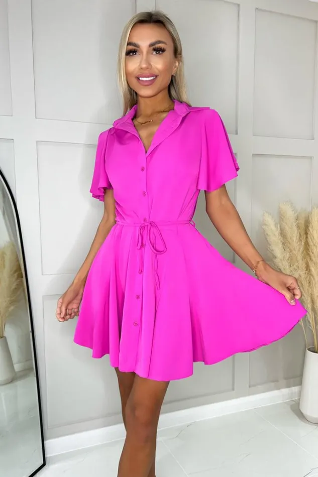 AX Paris Hot Pink Short Sleeve Belted Skater Dress Women Dresses