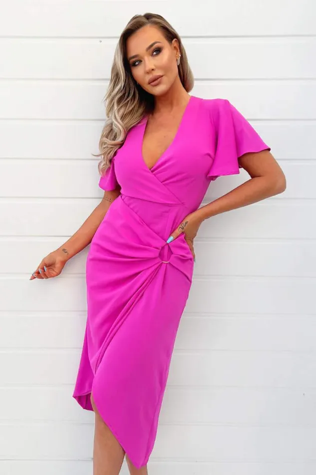 AX Paris Hot Pink Short Sleeve VNeck Buckle Wrap Midi Dress Women Dresses