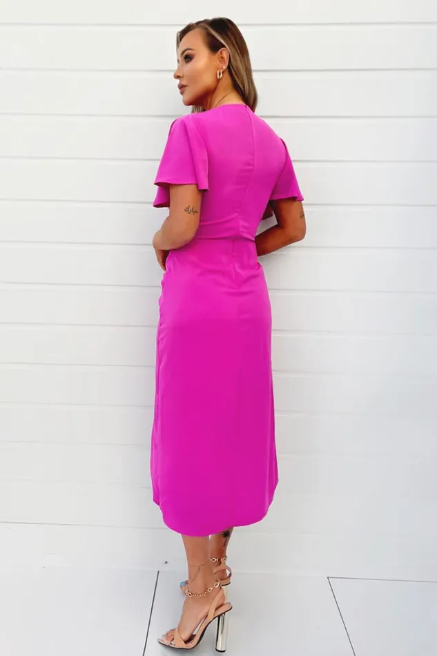 AX Paris Hot Pink Short Sleeve VNeck Buckle Wrap Midi Dress Women Dresses