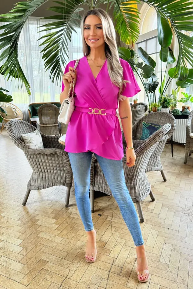 AX Paris Hot Pink Short Sleeve Wrap Belted Top Women Tops