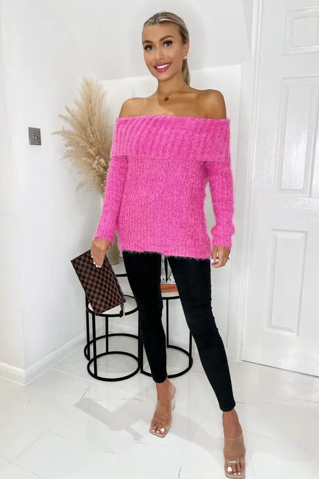 AX Paris Hot Pink Wide Roll Neck Long Sleeve Fluffy Knitted Jumper Women Knitwear