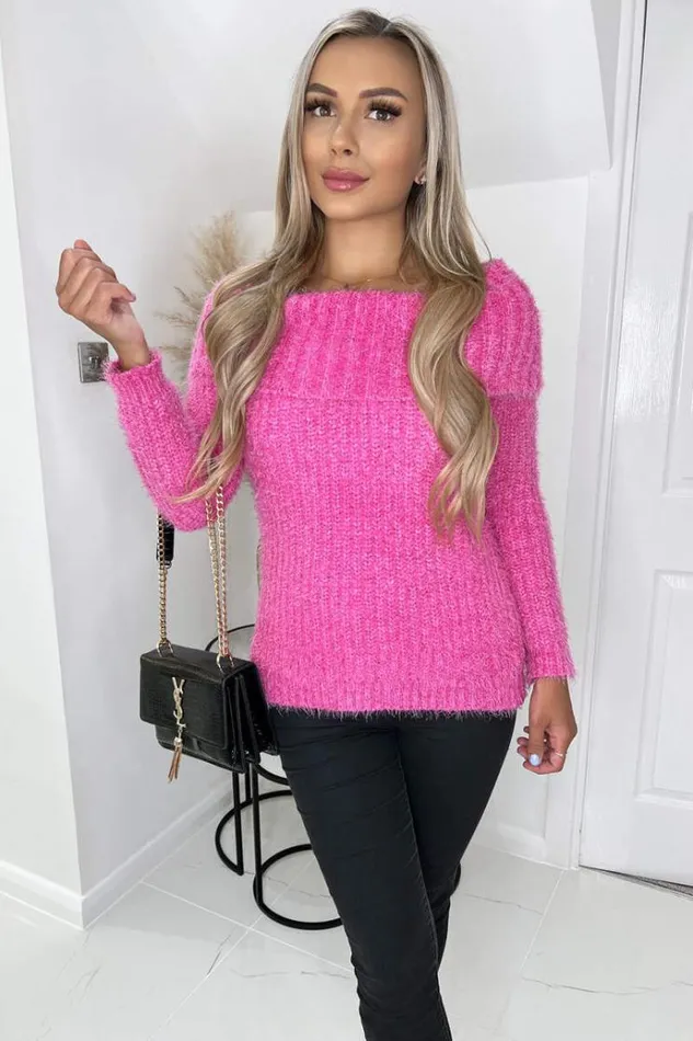 AX Paris Hot Pink Wide Roll Neck Long Sleeve Fluffy Knitted Jumper Women Knitwear