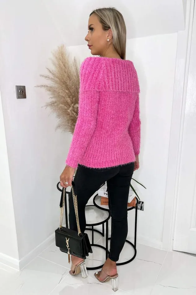 AX Paris Hot Pink Wide Roll Neck Long Sleeve Fluffy Knitted Jumper Women Knitwear