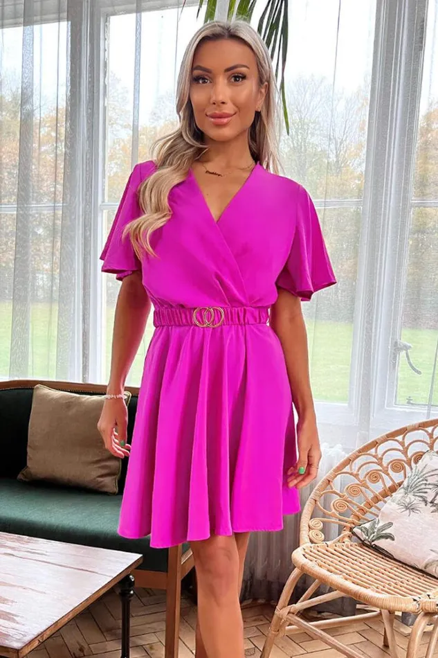 AX Paris Hot Pink Wrap Over Belted Skater Dress With Short Sleeves Women Dresses