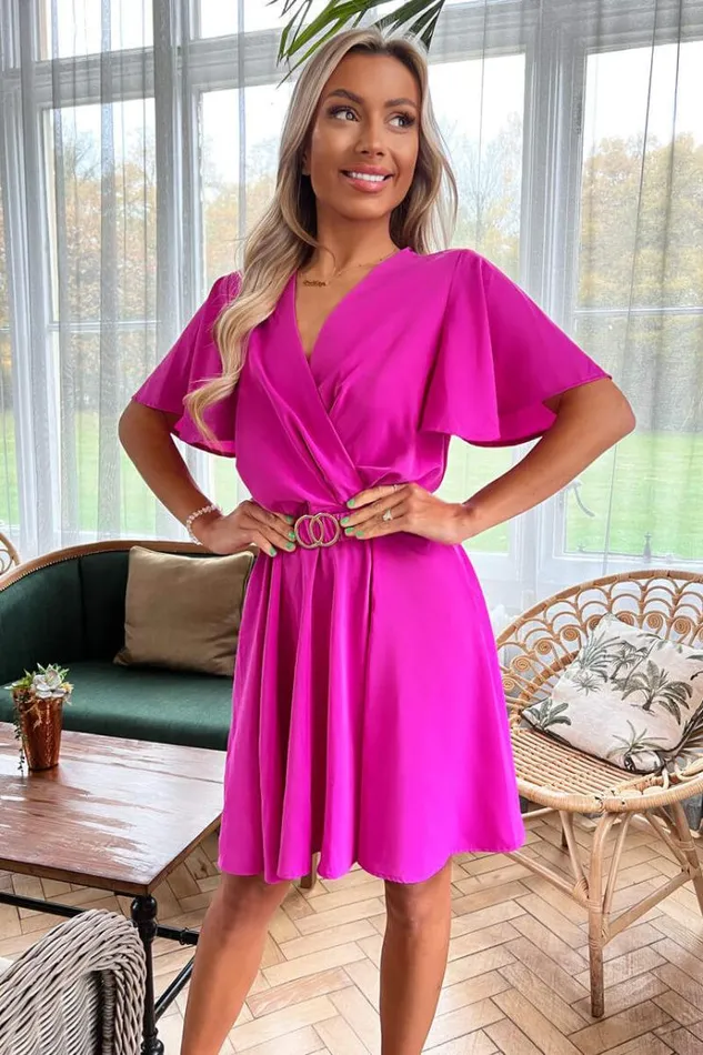 AX Paris Hot Pink Wrap Over Belted Skater Dress With Short Sleeves Women Dresses