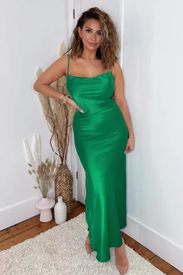 AX Paris Jade Green Satin Cowl Neck Midi Dress Women Dresses