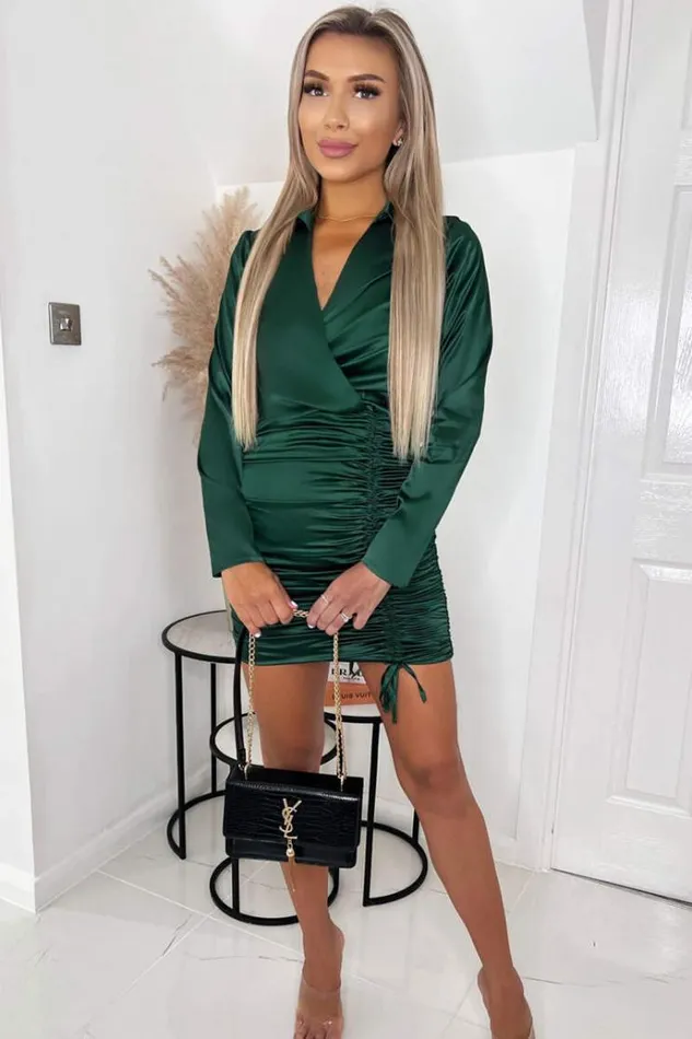 AX Paris Jade Green Satin Long Sleeve Wrap Top Ruched Mini Dress Women Dresses