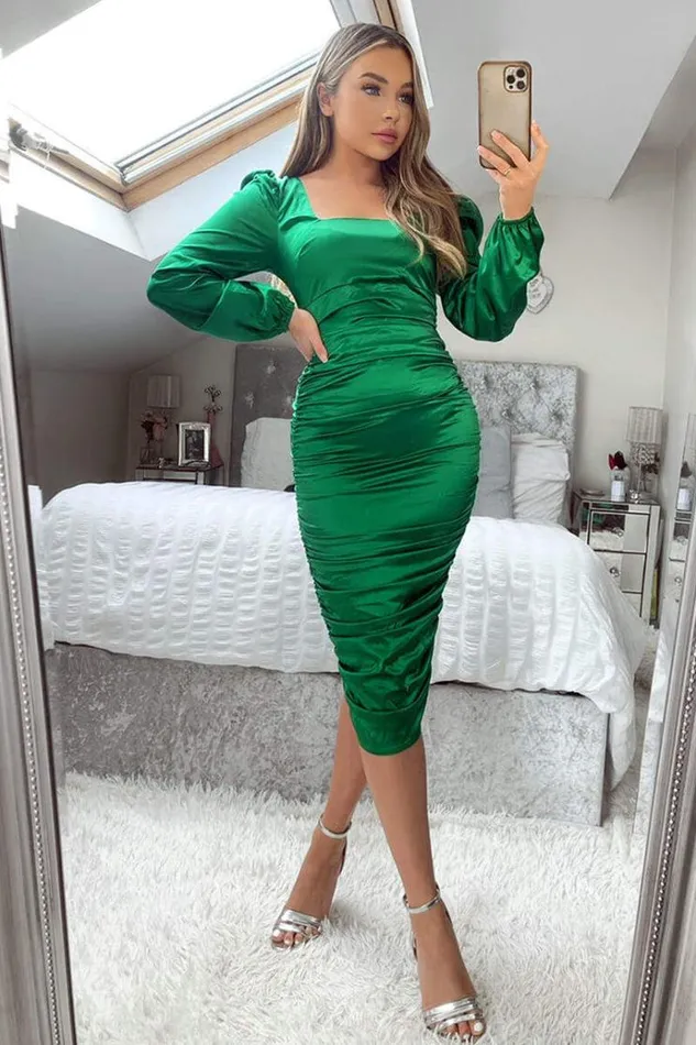 AX Paris Jade Green Satin Square Neck Ruched Dress Women Dresses