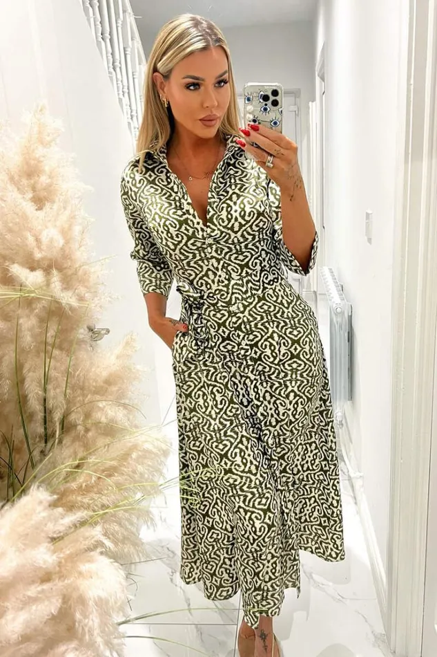 AX Paris Khaki And Cream Print Shirt Midi Dress Women Dresses