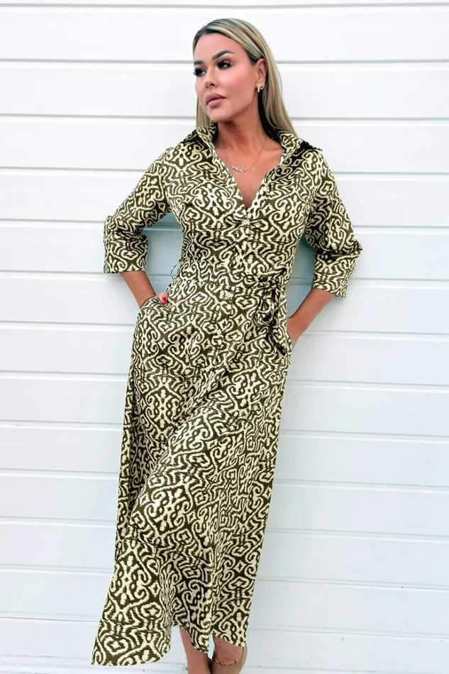 AX Paris Khaki And Cream Print Shirt Midi Dress Women Dresses
