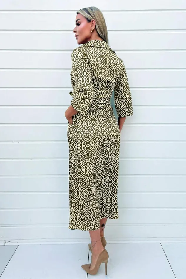 AX Paris Khaki And Cream Print Shirt Midi Dress Women Dresses