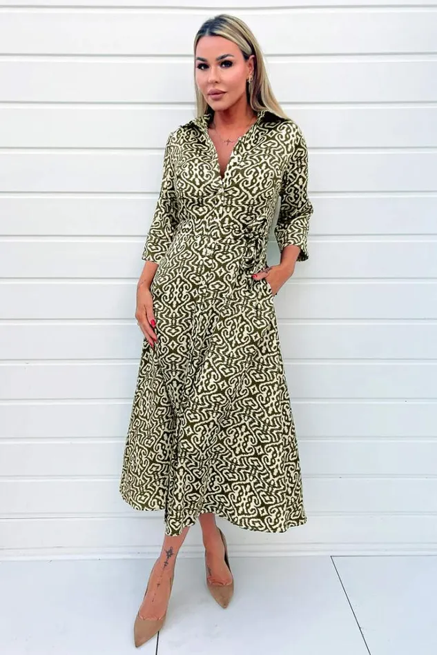 AX Paris Khaki And Cream Print Shirt Midi Dress Women Dresses