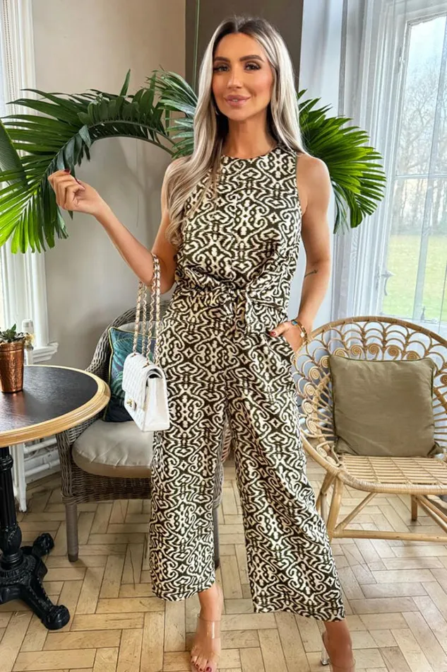 AX Paris Khaki And Cream Printed Knot Front Jumpsuit Women Jumpsuits And Playsuits