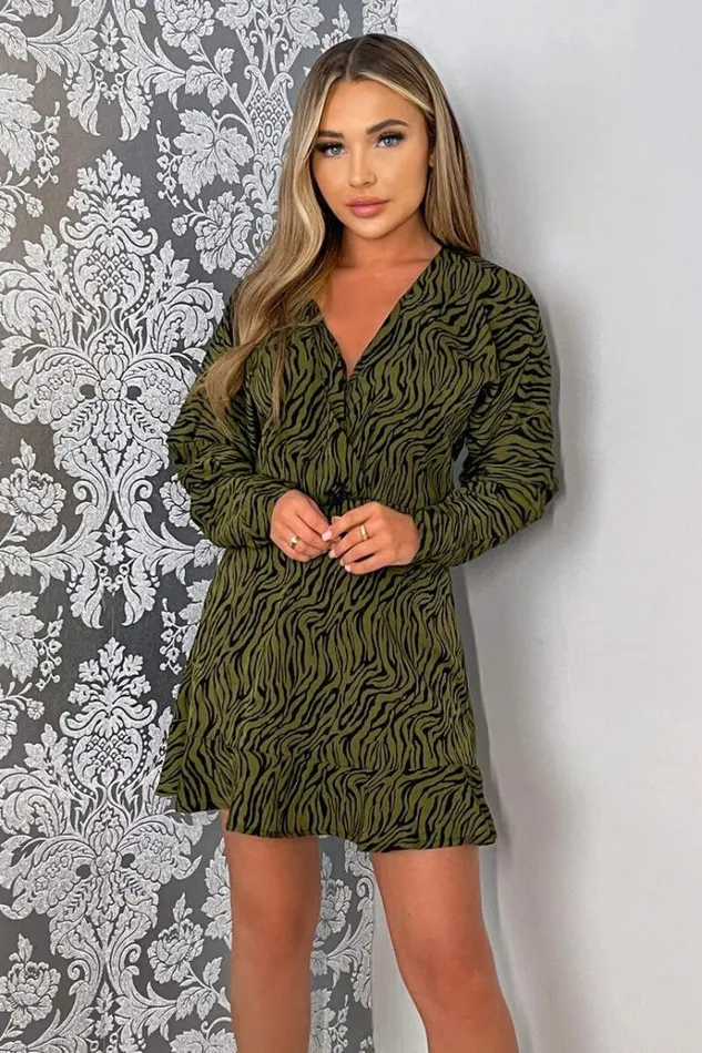 AX Paris Khaki Animal Print Long Sleeve Mini Skater Dress Women Dresses